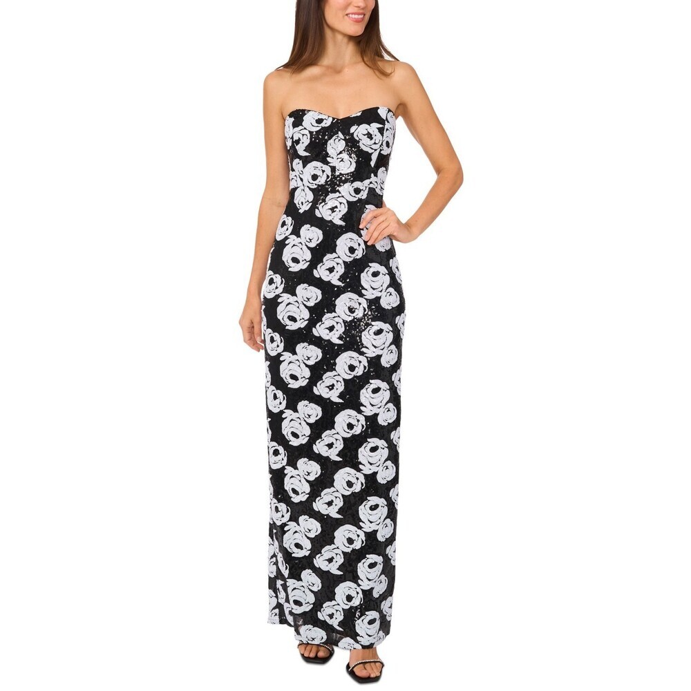 CeCe Maxi Dress Women's 6 Rich Black Floral Sequined Strapless Back Slit UPS595